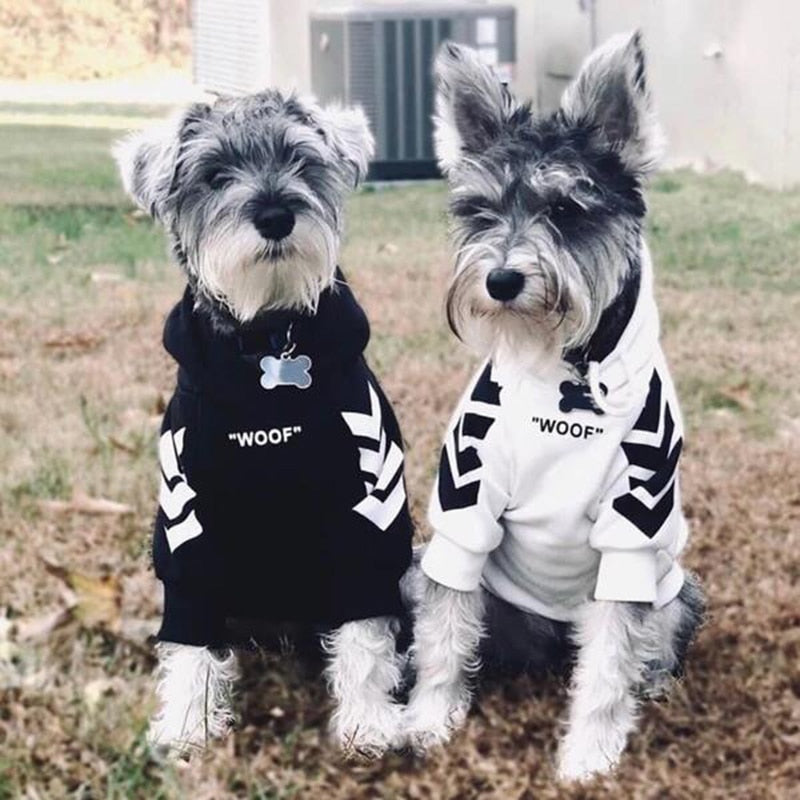 'woof white' dog hoodie